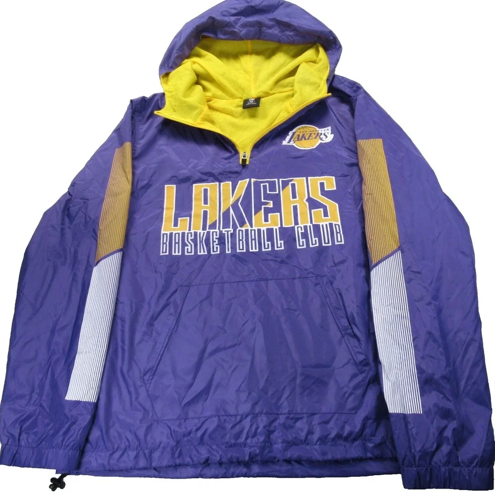 LA Lakers Jacket Mens Small NBA Purple Hood 1/4 Zip Basketball Windbreaker VTG